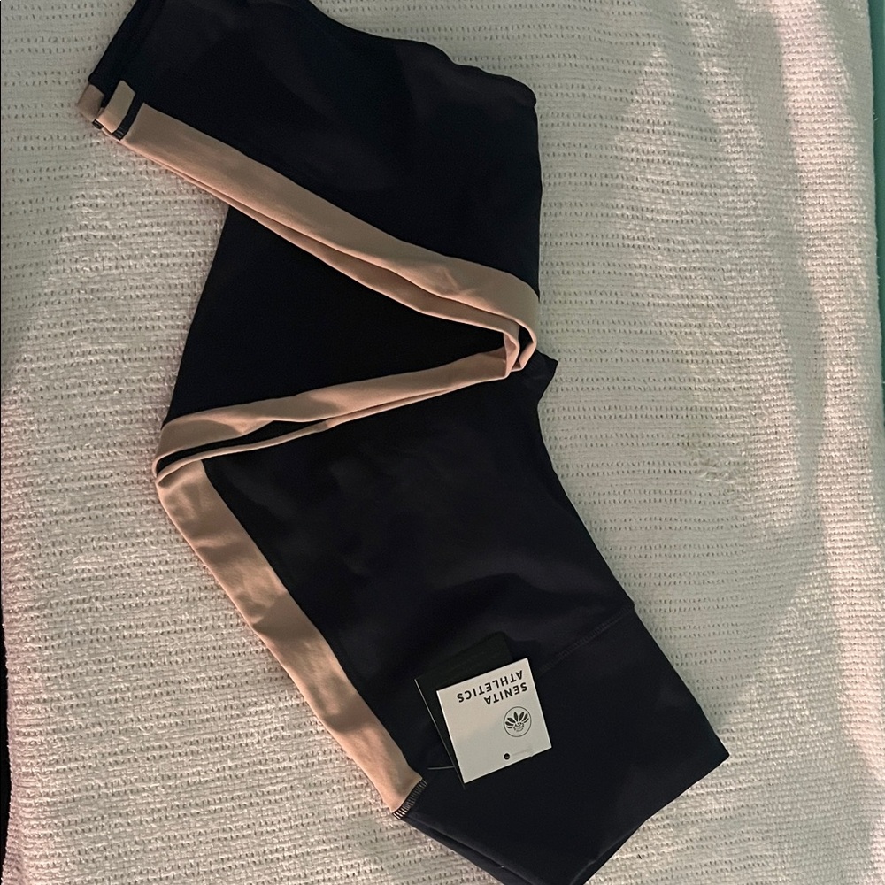 Senita Athletics Black Leggings with Tan Side Stripe